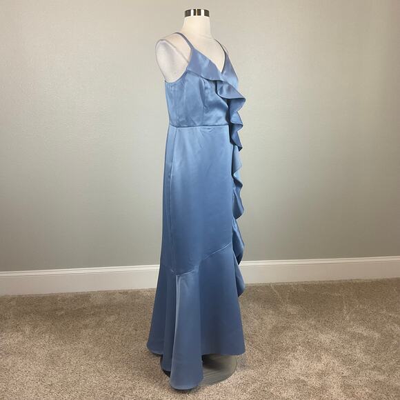 DKNY Satin Ruffled High Low Evening Gown Blue Size 16 Sleeveless V-Neck Dress - Picture 5 of 13